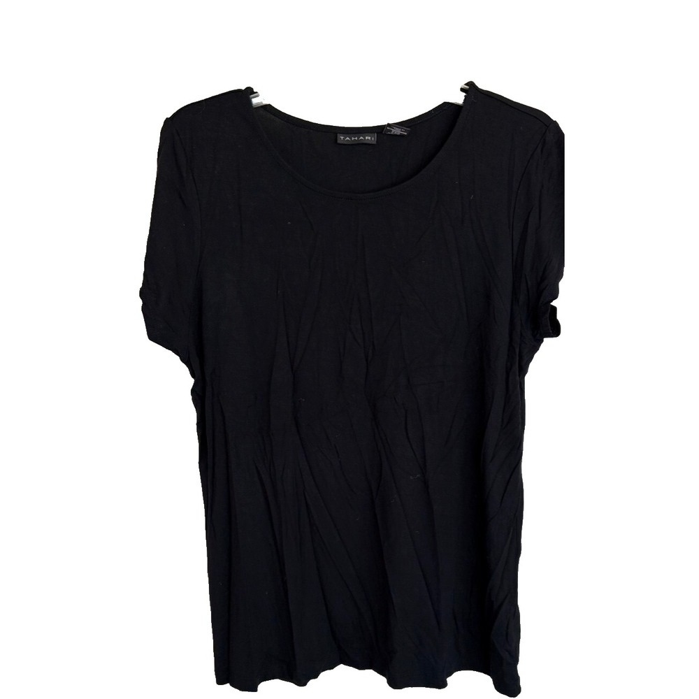 Tahari Shirt Womens XL Black Short Sleeve Scoop Neck Stretch Blouse Top